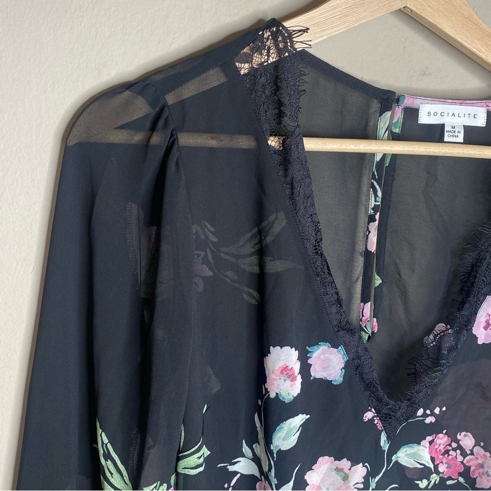 Socialite Women’s Sheer Floral Balloon Sleeve Bodysuit Size Medium - Picture 5 of 16